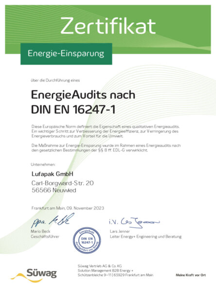 Suewag Zertifikat Energieaudit 2023